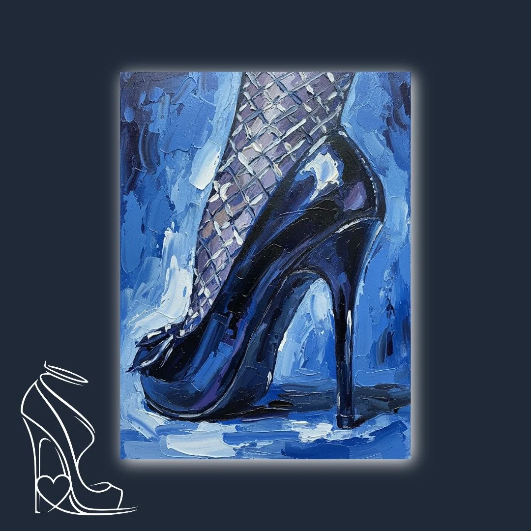 A captivating impasto oil painting by Mark Lee, showcasing the intense allure of a glossy black stiletto high heel and fishnet stockings against a vibrant blue backdrop.