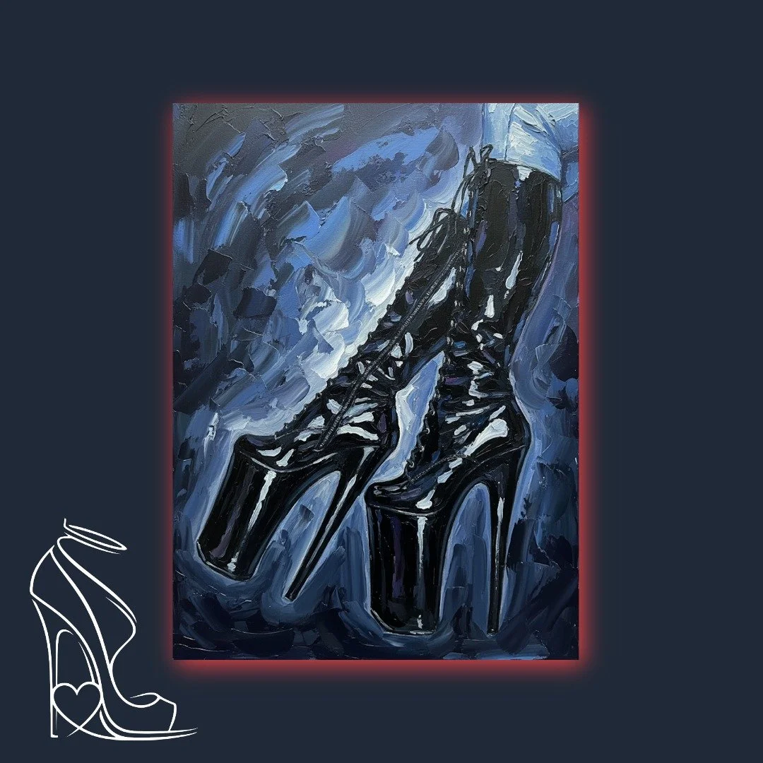 A commanding impasto oil painting from 'The V Collection,' capturing the undeniable allure and power of towering stiletto platform boots, crafted for Miss Vikki Boot Mistress.