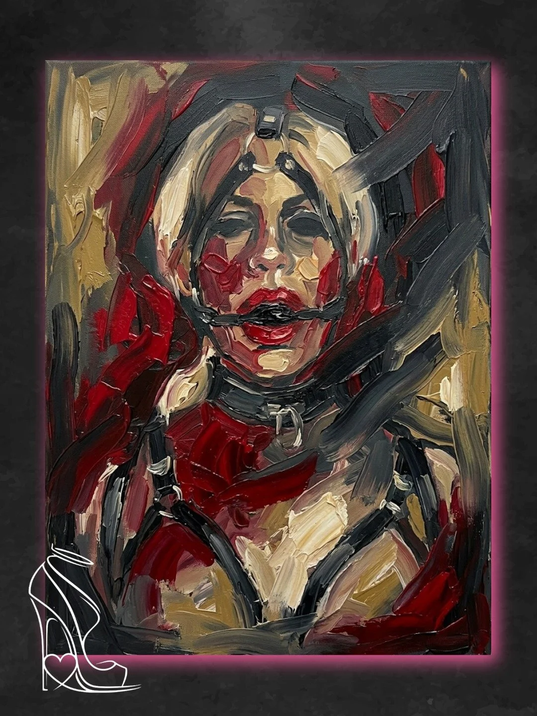 Digital impasto portrait of Taylor Blue in heavy black leather bondage bridle and red lipstick on textured dark canvas.