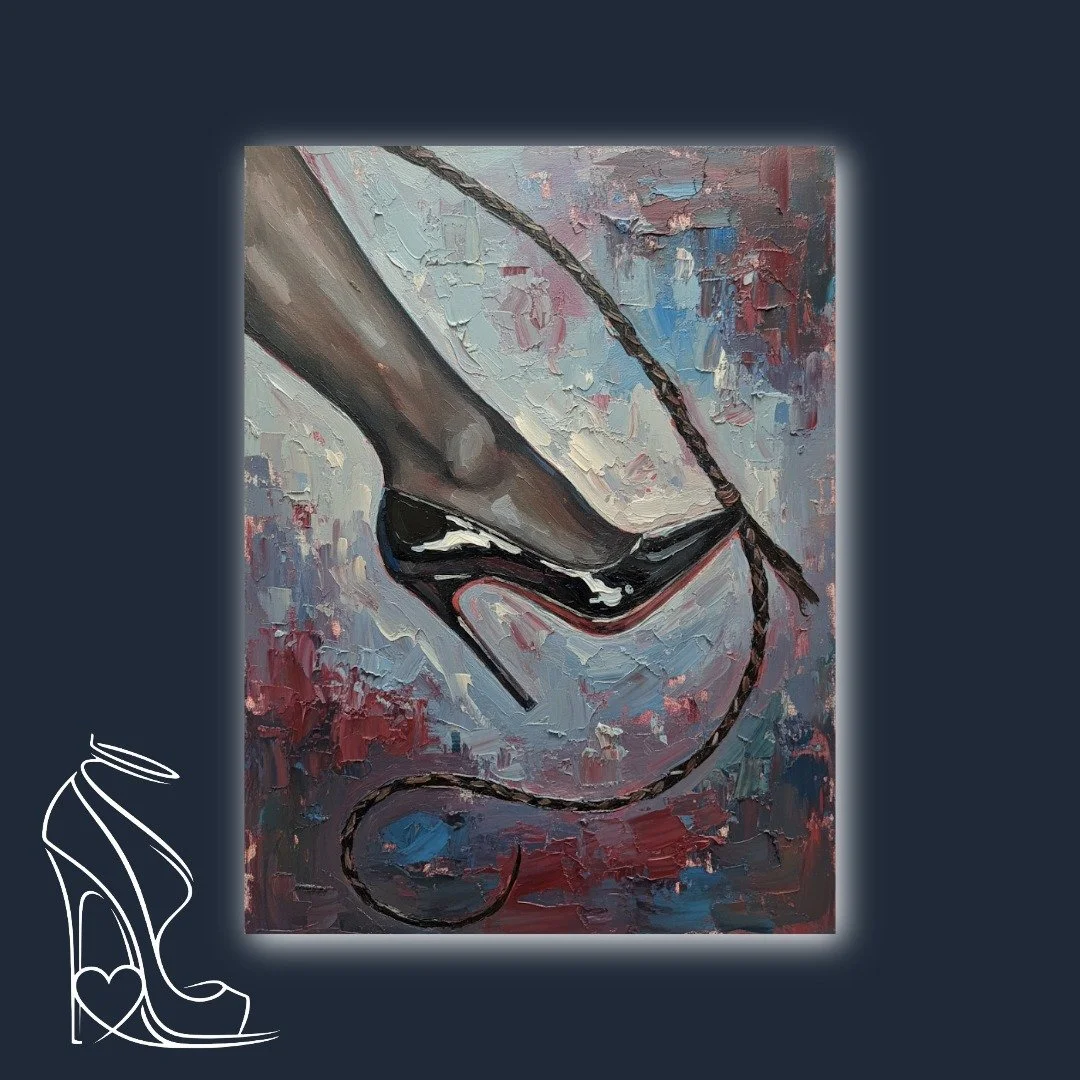 An intense oil painting by Mark Lee, featuring a glossy patent leather stiletto bound by a braided leather whip, exploring themes of power, dominance, and fetishistic allure.