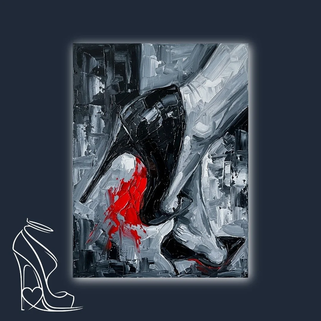 A raw, powerful depiction of a stiletto high heel, rendered with bold impasto strokes, highlighting the sensuality of the arch and a striking splash of scarlet.