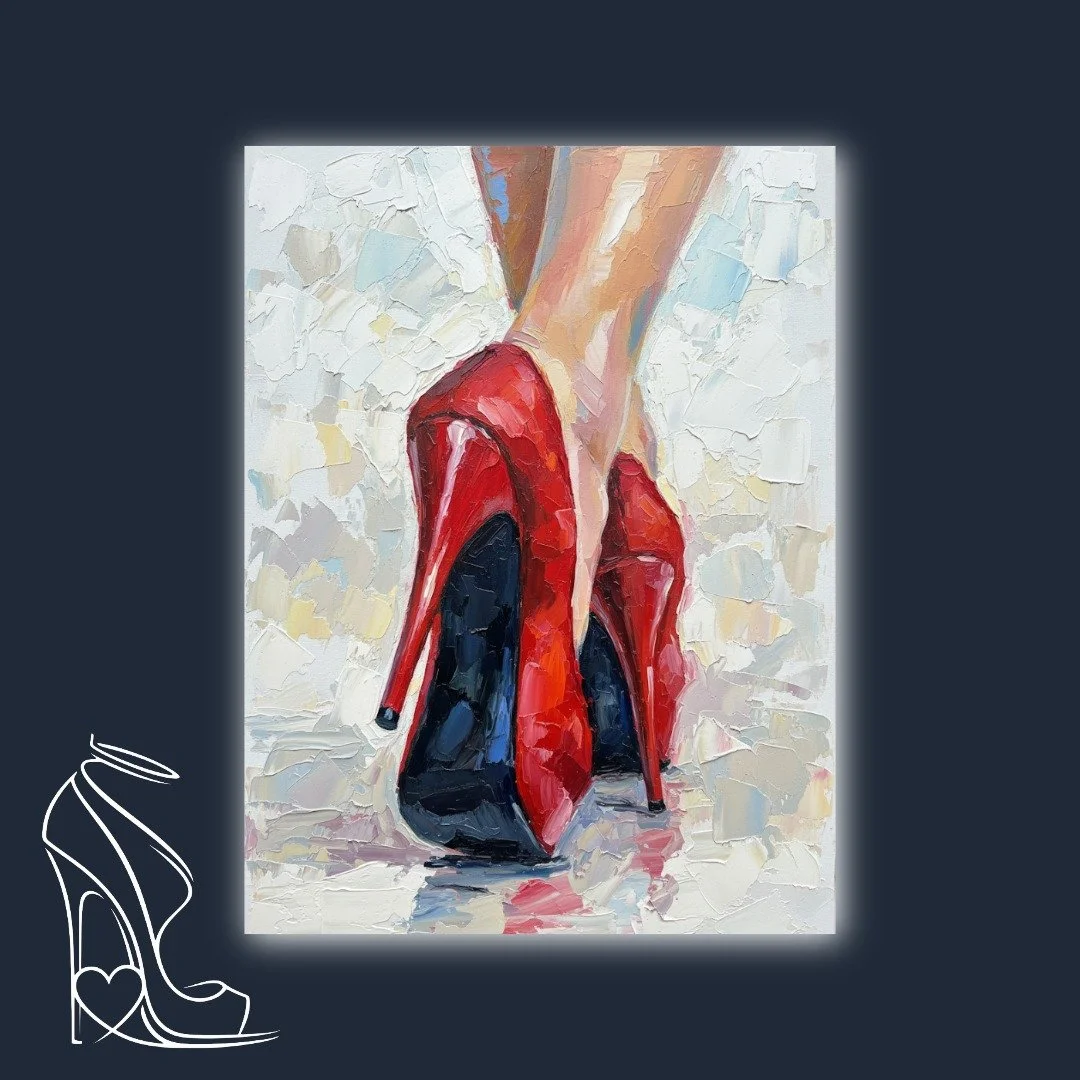 An evocative oil painting by Mark Lee celebrating the fierce allure of red stiletto high heels with vibrant, textured impasto.