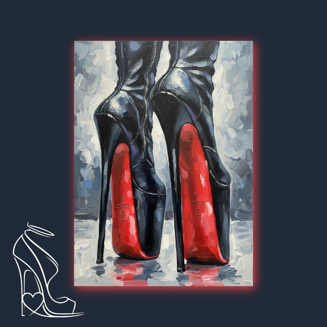 A digital impasto masterpiece capturing the extreme arch and striking red soles of ballet-style stiletto boots, embodying raw power and fetish allure.