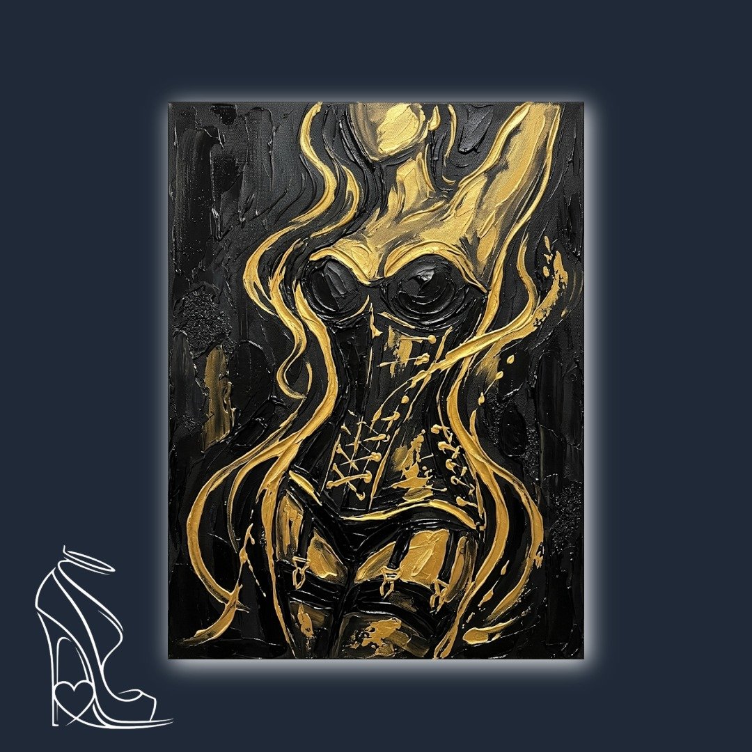 Thick 3D digital impasto art of a black laced corset with molten gold highlights in a luxury fetish aesthetic.