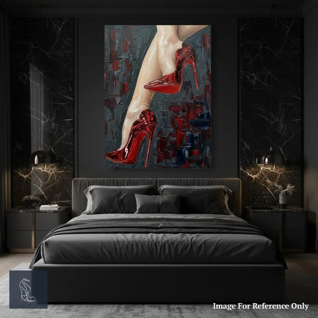 Stiletto fetish art 'Crimson Command' by Mark Lee, with vivid red heels, displayed prominently in a luxurious dark-themed bedroom, adding a bold, seductive touch to the decor.