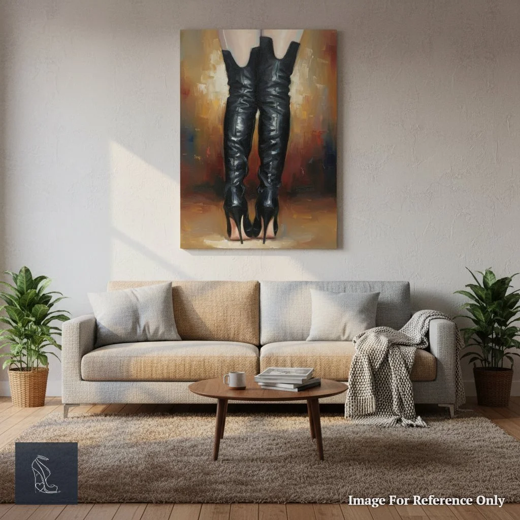 Mark Lee's 'Ritual Boots' painting, highlighting seductive stiletto thigh-high boots, displayed prominently in a chic and art-focused living room.