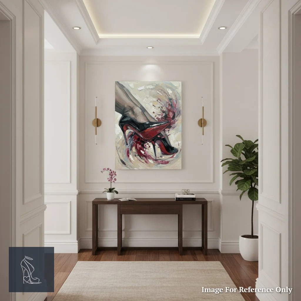 Mark Lee's stiletto art displayed in a minimalist hallway, where the vibrant red soles create a striking focal point against neutral walls.