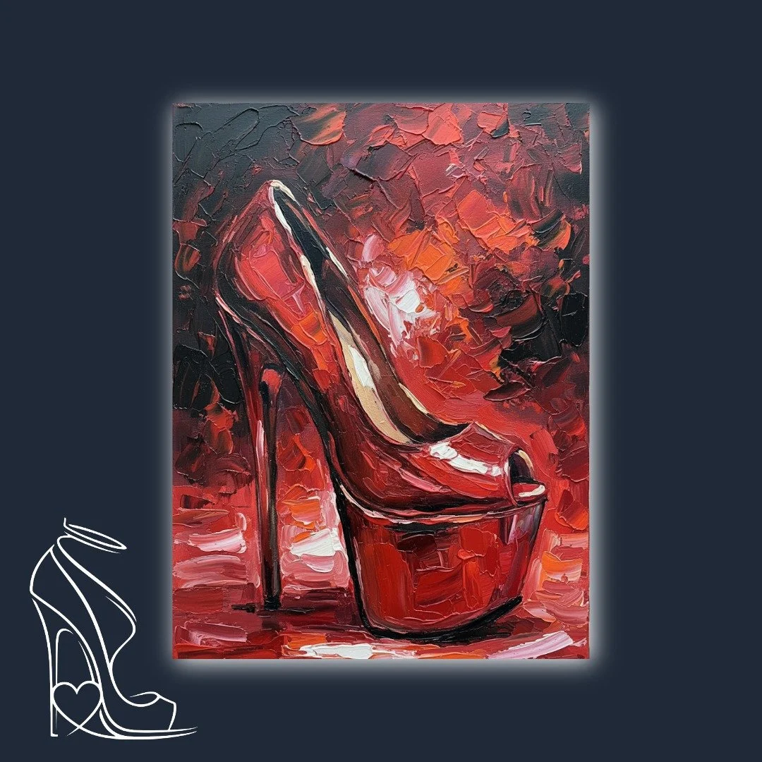 Mark Lee's 'Scarlet Seduction' impasto painting of a red platform stiletto displayed as a bold accent piece in a luxurious bedroom.