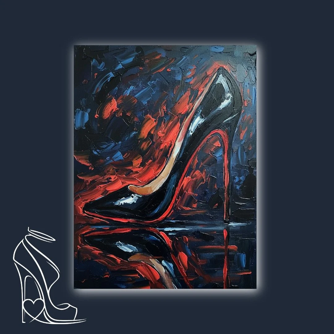 A powerful impasto oil painting depicting a glossy black stiletto high heel against a fiery backdrop of crimson and midnight blue, embodying raw desire and dominance.