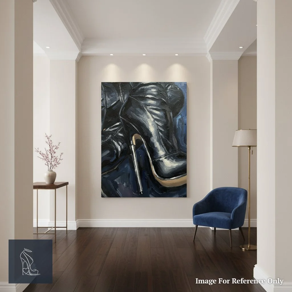 Contemporary hallway interior featuring Mark Lee's 'Sleek Supremacy' stiletto high heel painting as a striking focal point, against minimalist decor.