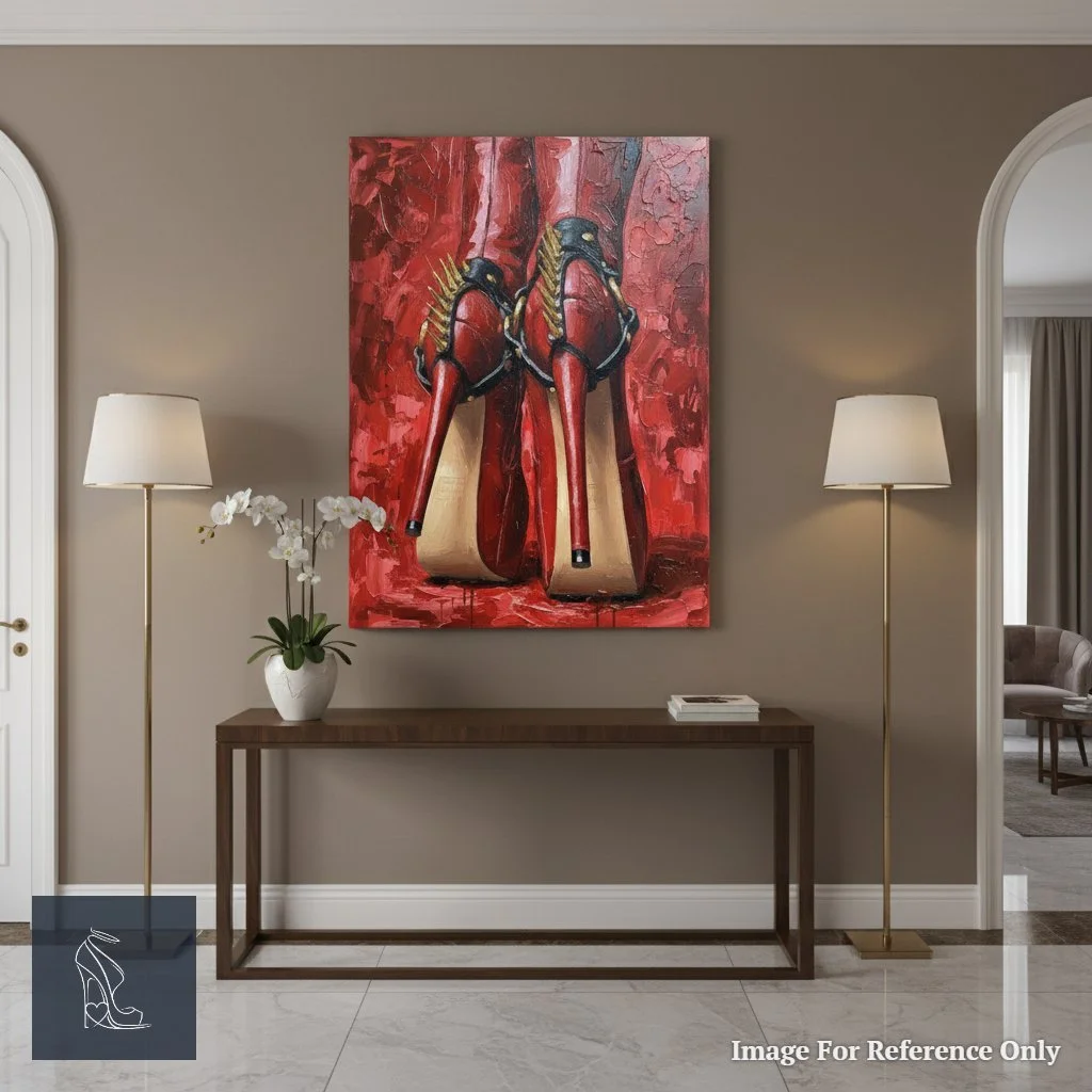The powerful 'Crimson Dominion' artwork featuring red spiked stilettos hanging prominently in a minimalist hallway, commanding attention with its intense color and detail.
