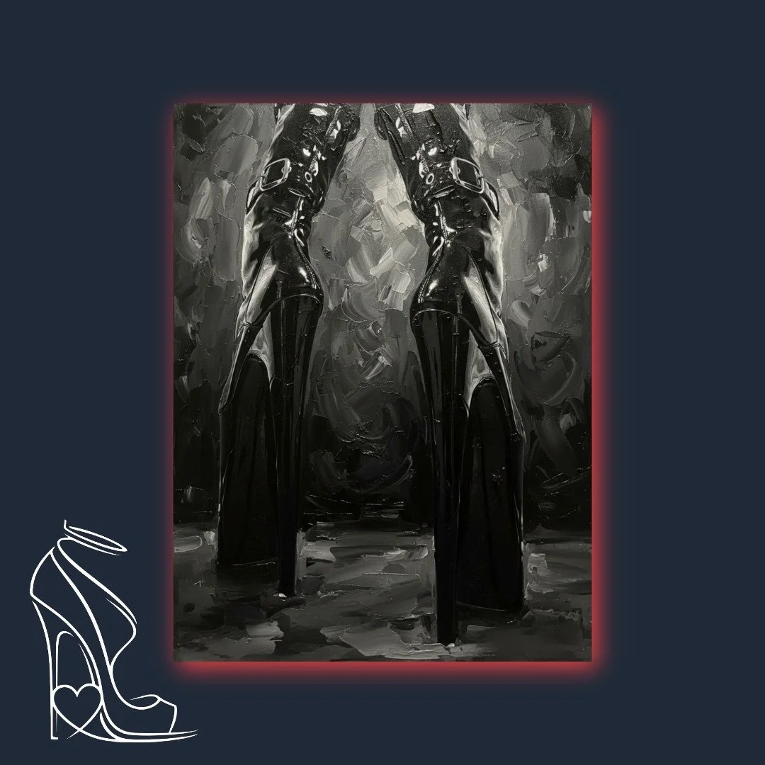 An imposing digital impasto piece depicting extreme stiletto high heels in glossy patent leather, embodying dominance and dark luxury.