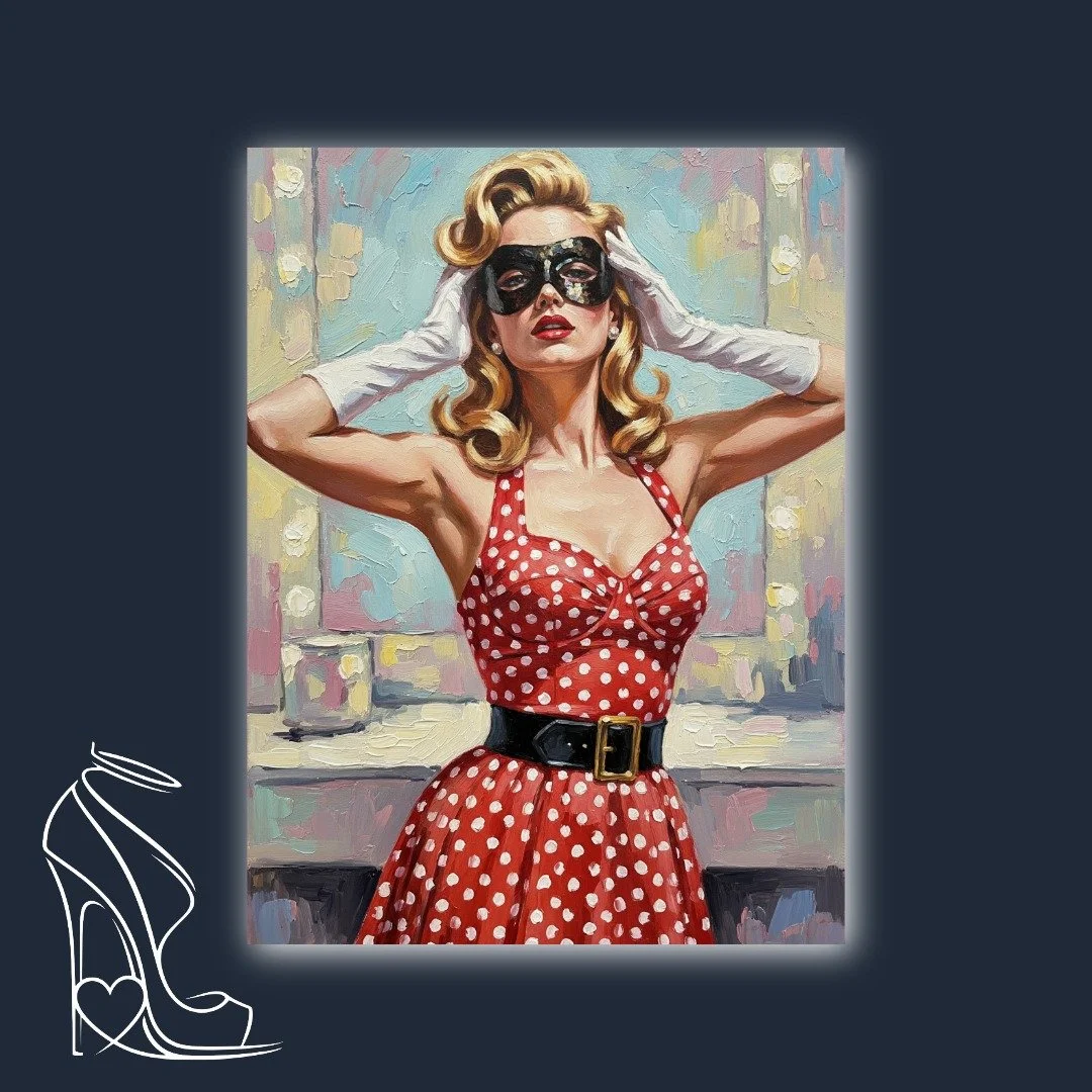 A captivating portrait of vintage glamour and alluring mystery, where a masked enchantress reigns supreme in a world of polka dots and pristine white gloves.