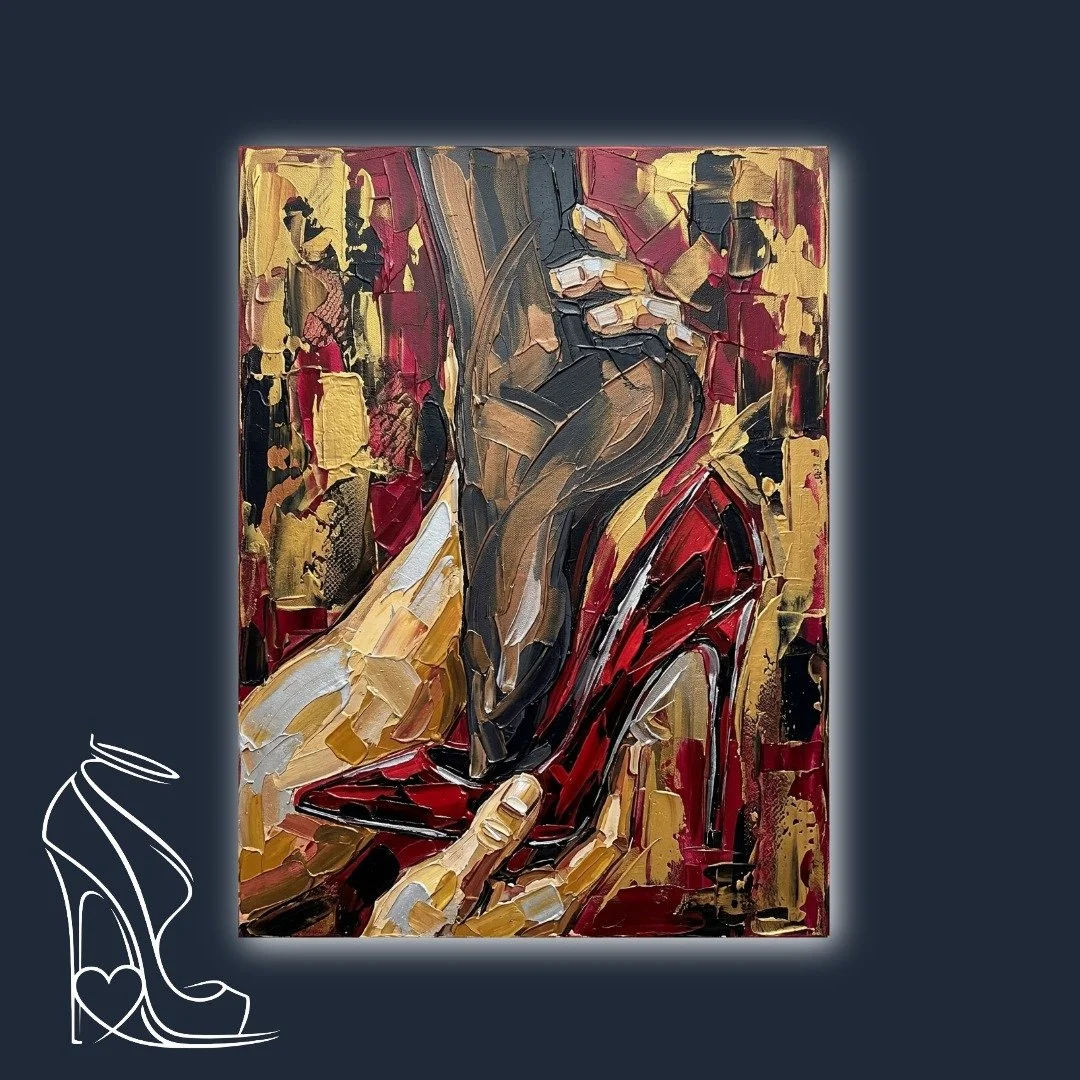 An intensely textured oil painting capturing the seductive interplay of a leg in sheer hosiery, a vibrant red stiletto, and the allure of tactile obsession.
