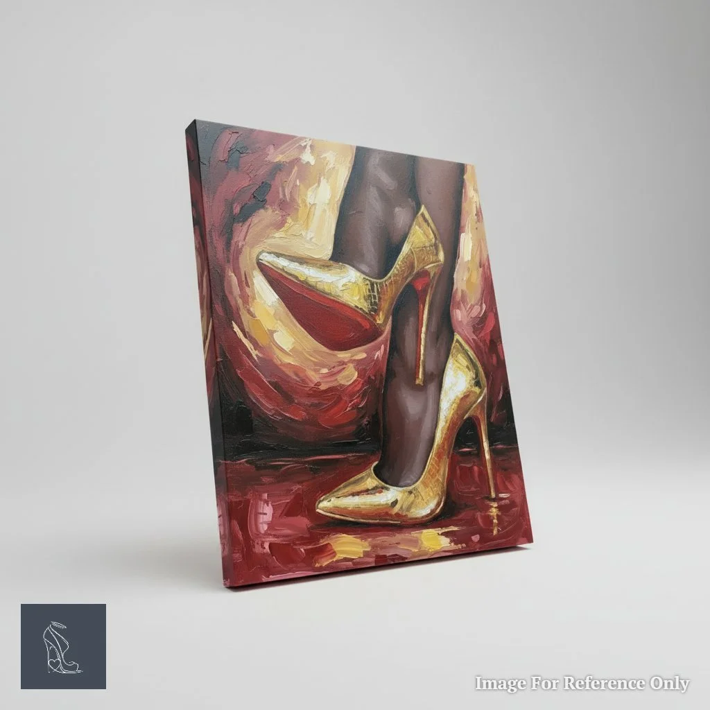 A 3D rendering of Mark Lee's 'Lulu's Gilded Ascent' oil painting, depicting golden stiletto heels, presented as a textured canvas art piece.