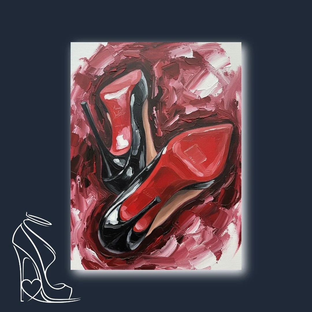 Original dark luxury impasto oil painting by Mark Lee focusing on the iconic red soles of black patent stilettos. Swirling, dynamic strokes of crimson and burgundy paint frame the heels, defining the signature Heel Lover fetish art aesthetic.