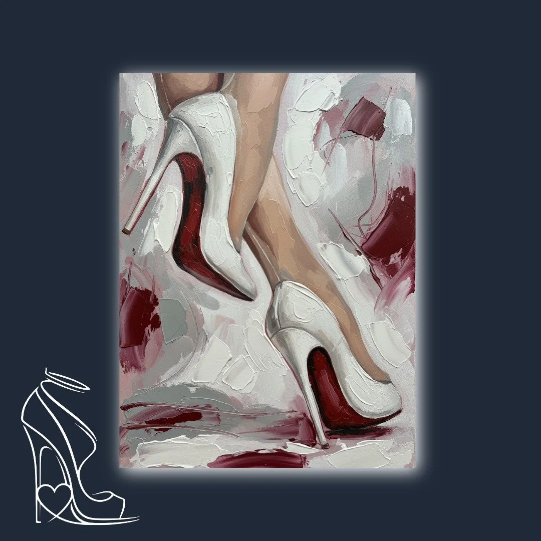 An exquisite oil painting capturing the seductive allure of white stiletto high heels with vibrant red soles, rendered with luxurious impasto texture.