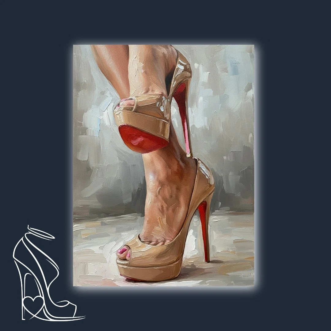 A captivating oil painting celebrating the seductive power of stiletto high heels and their iconic crimson soles, rendered with luscious impasto.