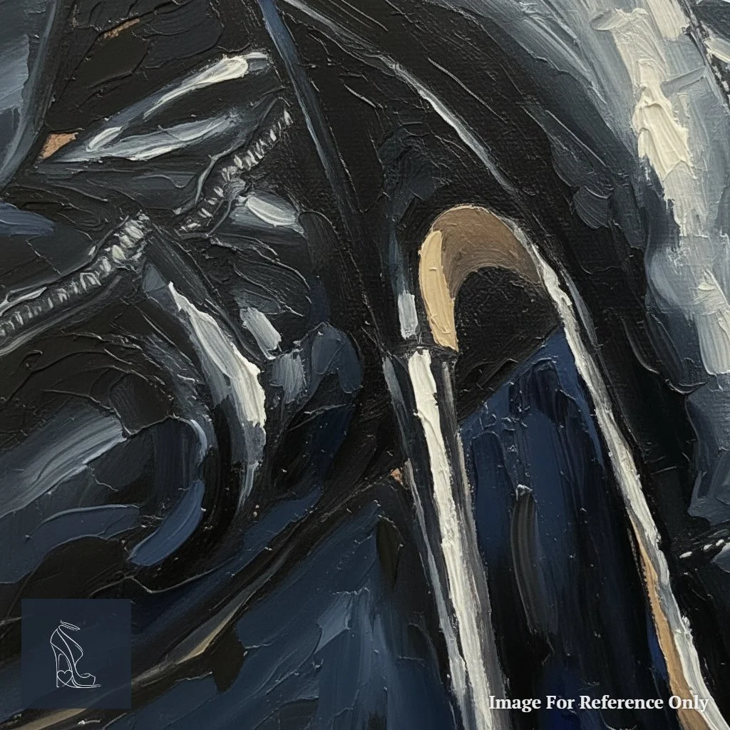 Detailed close-up of Mark Lee's 'Sleek Supremacy,' showcasing the extreme metal stiletto heel and glossy black leather thigh boot textures.