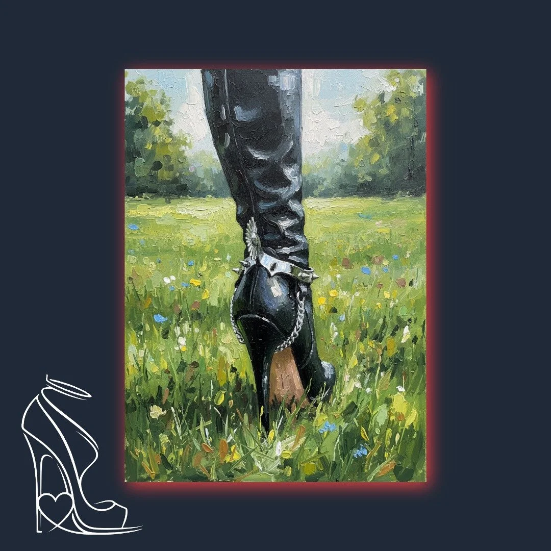 An exquisite impasto digital canvas depicting a powerful black leather stiletto boot with spiked ankle cuffs amidst a serene meadow, from Mark Lee's 'The Architecture of Dominance' collection.