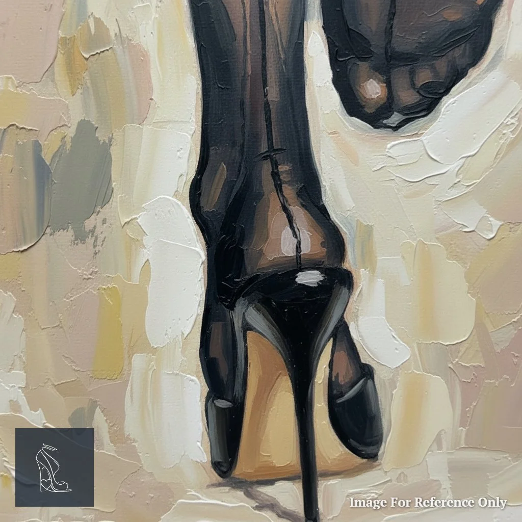 Macro shot of the thick oil paint strokes detailing the black stocking seam and the sharp needle-thin stiletto heel.
