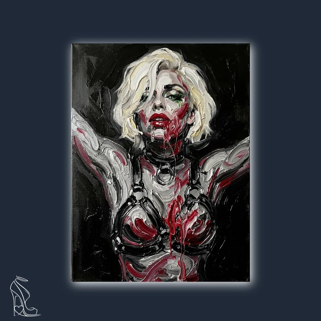 Digital impasto portrait of a woman in a black harness with thick dripping red paint and heavy textural brushstrokes.