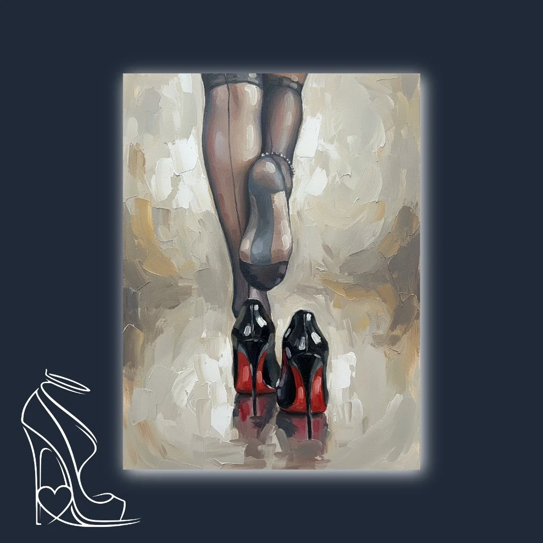 An evocative impasto oil painting capturing the alluring elegance of stiletto high heels, black stockings, and tantalizing red soles.