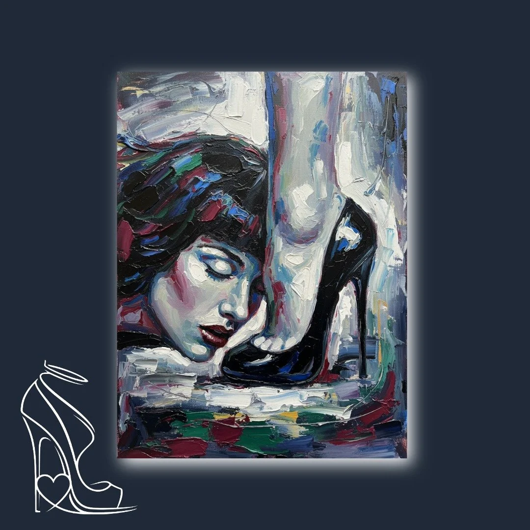 A vibrant oil painting depicting a woman's submissive reverence to a dominant stiletto high heel, rendered with bold impasto strokes.