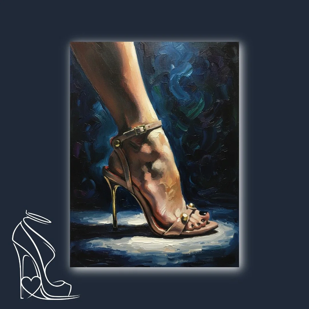 An exquisite oil painting by Mark Lee, 'Gilded Ascent' sensually captures the powerful arch of a foot in a gleaming golden stiletto heel, embodying pure elegance and fetishistic allure.