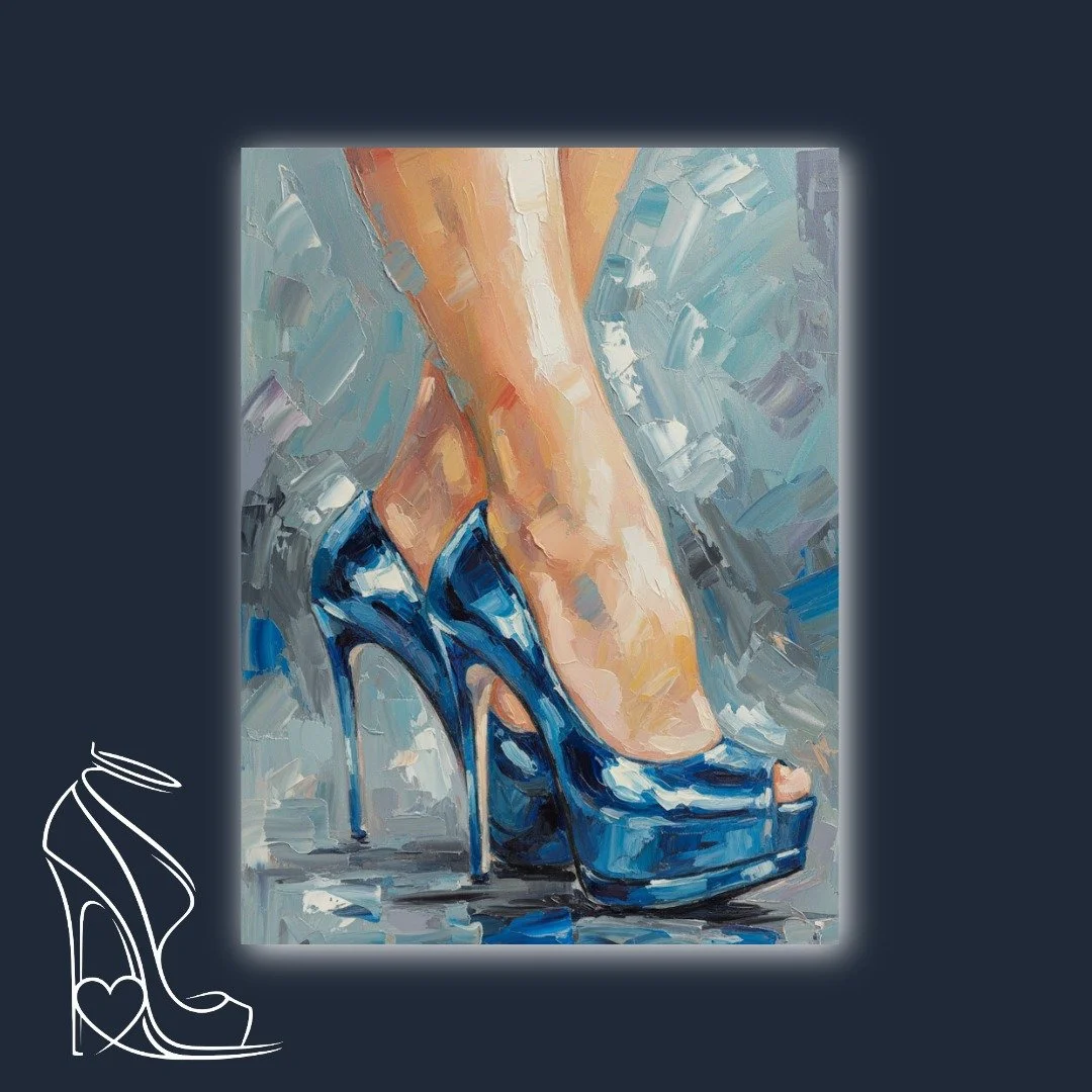 A vibrant impasto oil painting capturing the seductive power of a woman's legs encased in glossy azure stiletto high heels.