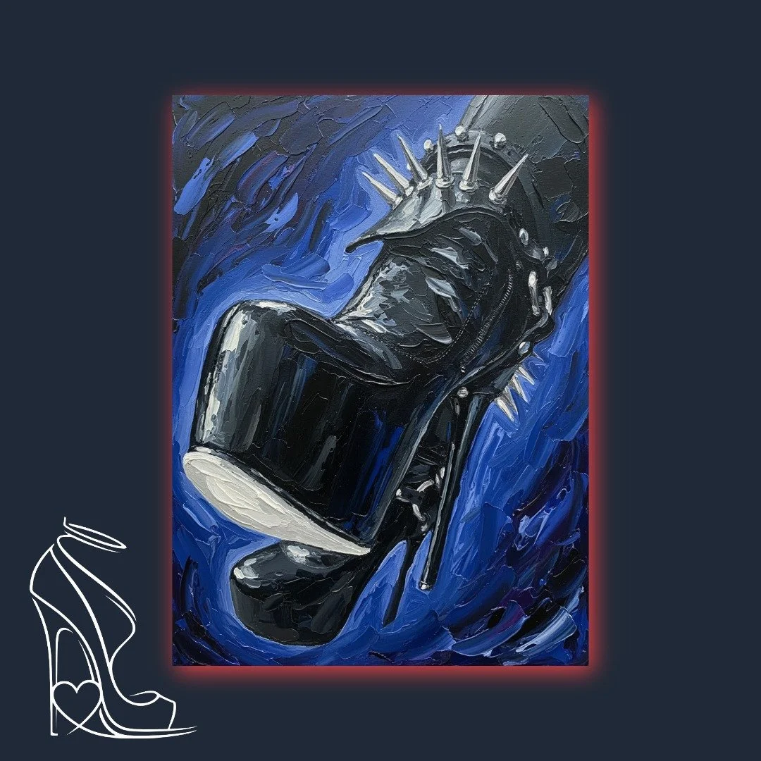 A vibrant impasto depiction of a formidable spiked stiletto boot, embodying dark luxury and absolute power.