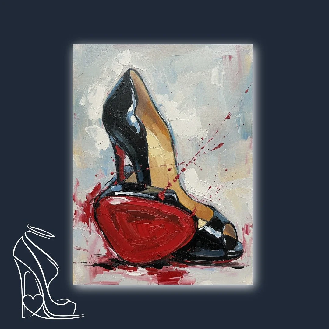 An evocative impasto oil painting capturing the striking allure of a black patent leather stiletto with a vibrant crimson sole, punctuated by dynamic paint splatters.