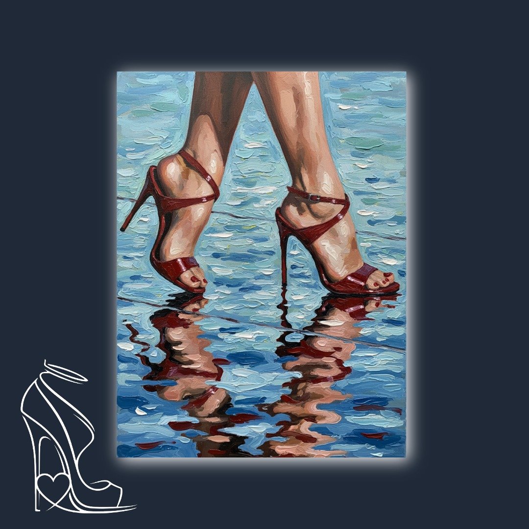 A vibrant oil painting depicting a woman's legs and feet adorned in crimson red stiletto high heels.