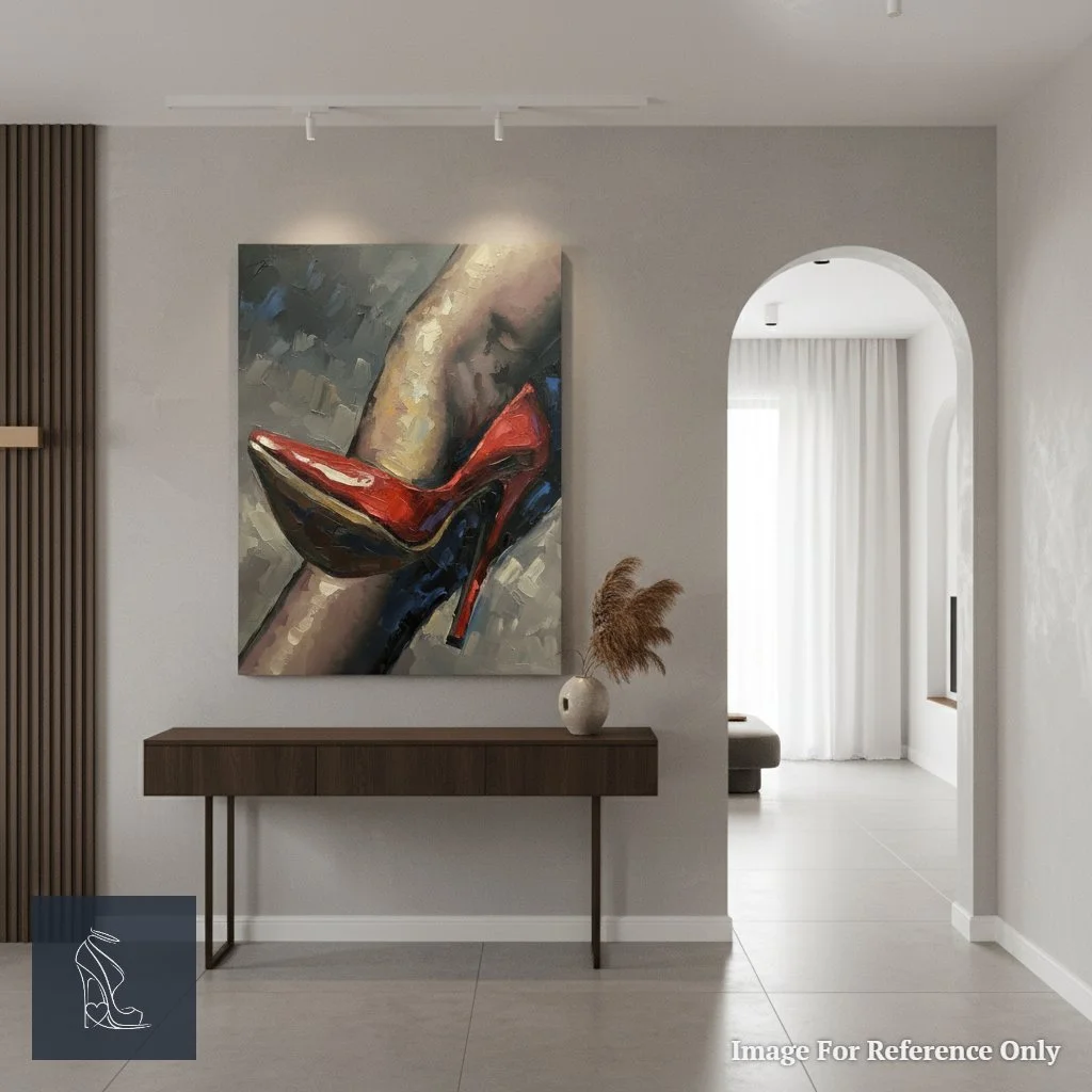 Elegant hallway featuring a striking Mark Lee high heel art piece, 'Crimson Command,' commanding attention with its bold red stiletto subject.