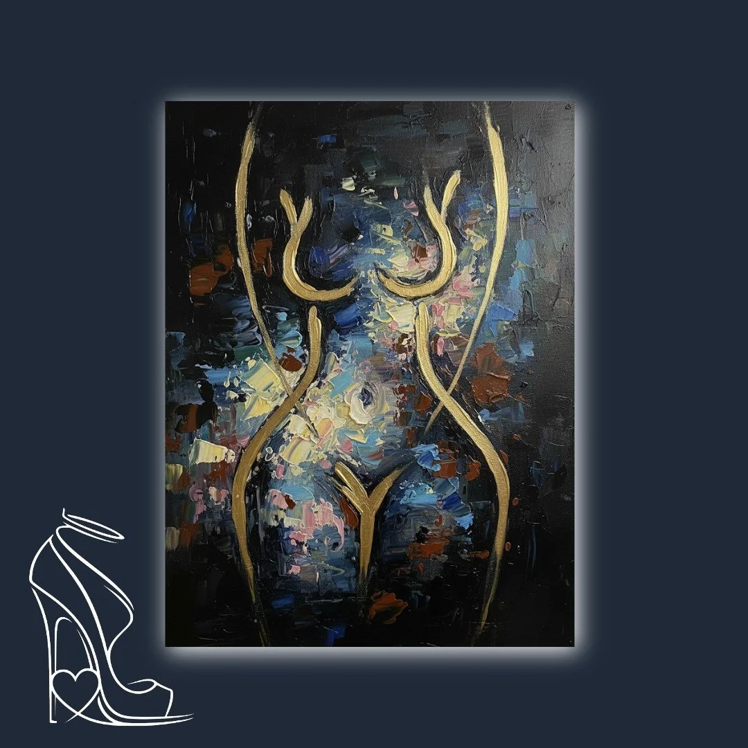 A captivating abstract oil painting by Mark Lee, depicting a golden female torso against a vibrant, textured background, celebrating the sensuality of the feminine form.