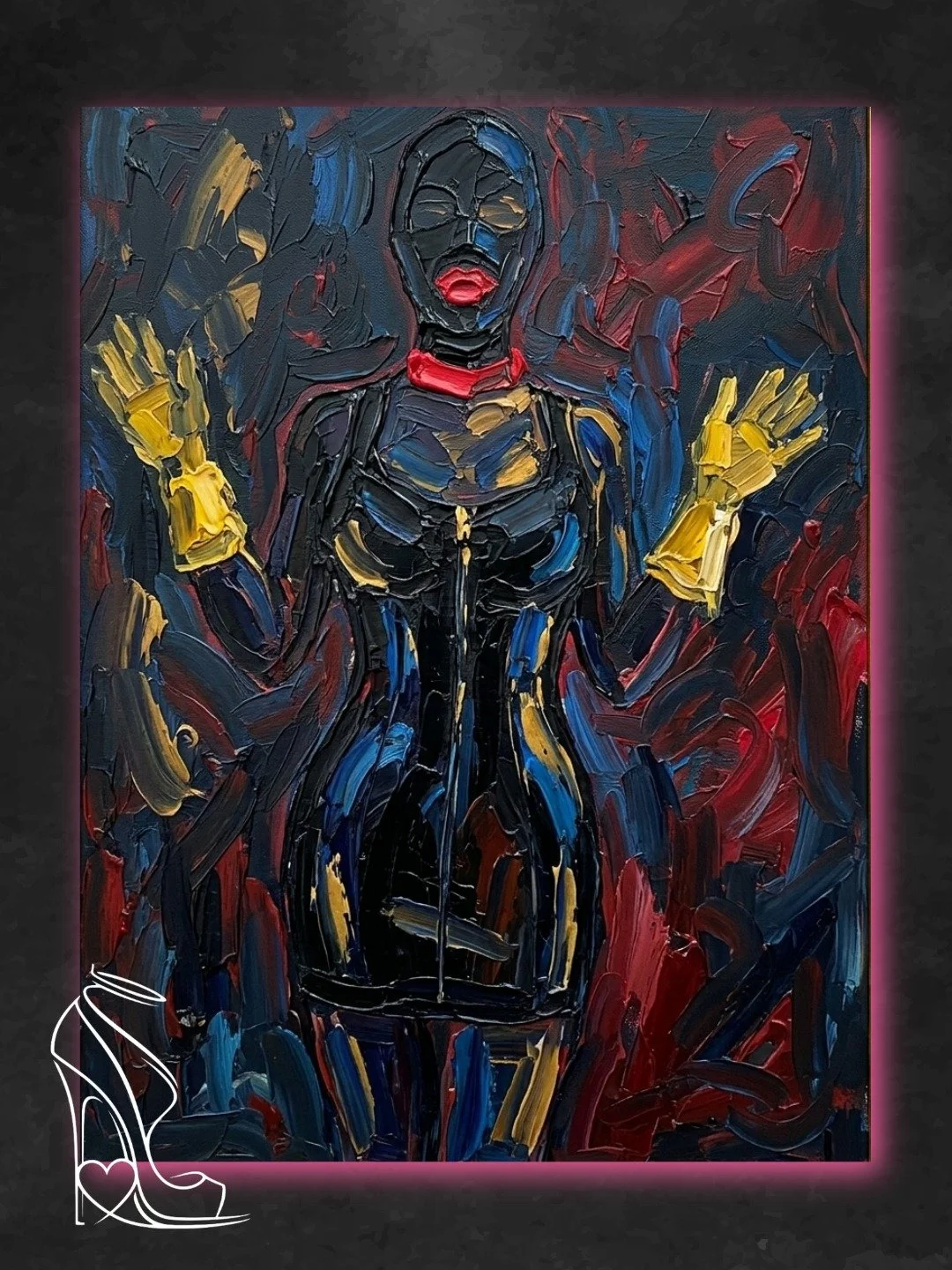 Taylor Blue fine art impasto portrait in airtight black latex hood and yellow gloves, framed in gold.