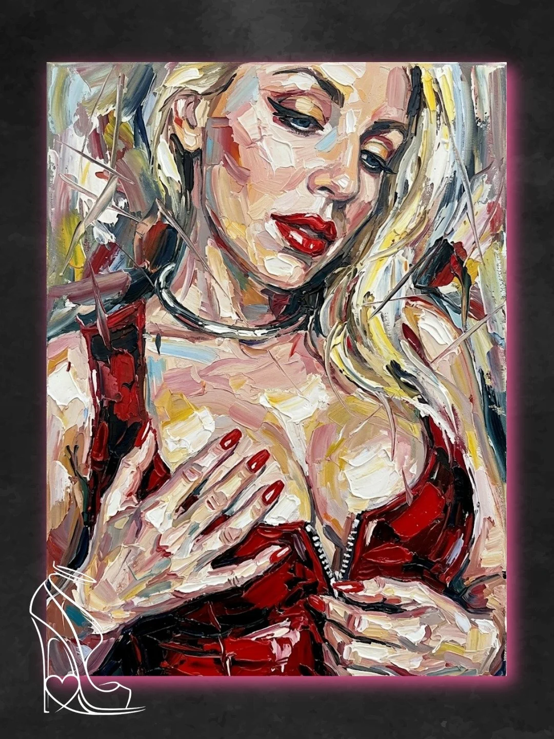 Impasto oil portrait of Taylor Blue caressing her chest in an unzipped red latex dress with black collar.