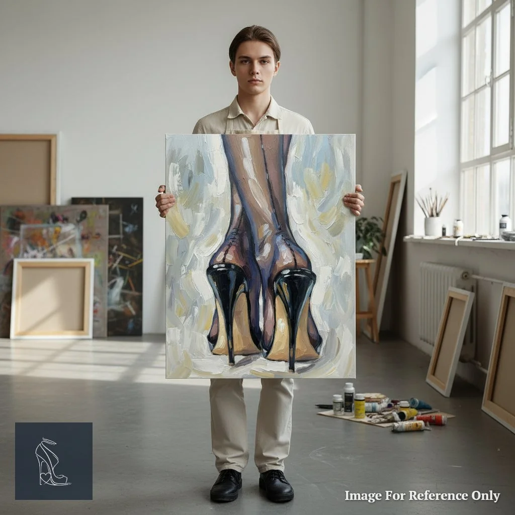 Mark Lee holding his original oil painting of black stiletto heels and seamed nylons, showing the scale of the artwork.