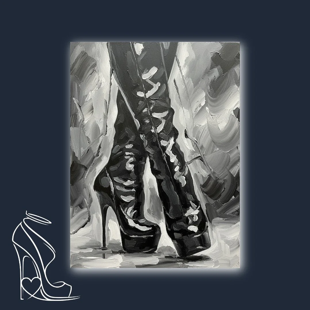 An impasto oil painting capturing the striking elegance and fetish allure of high-heeled boots in a dramatic grayscale palette.