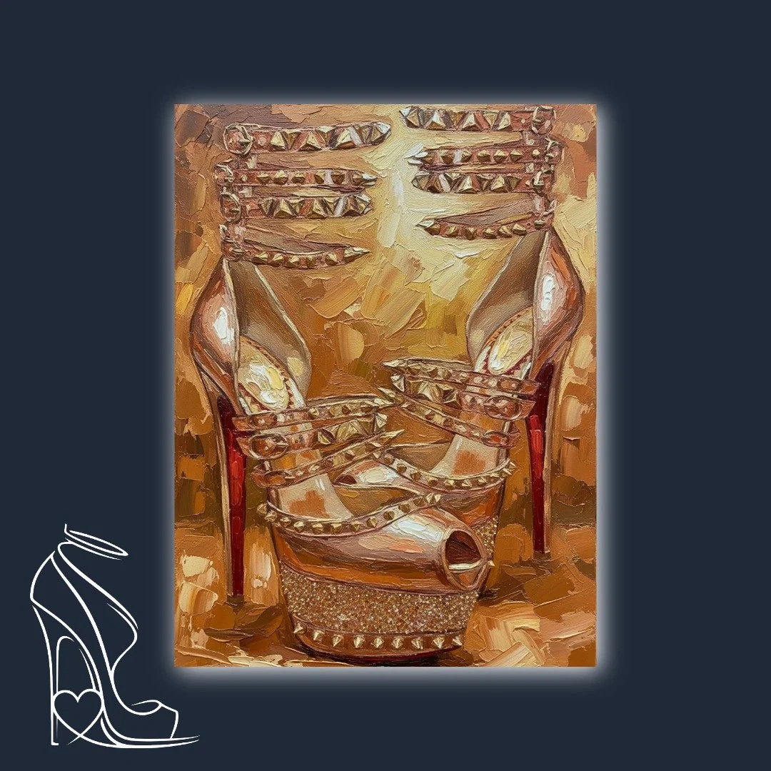 A lavish tribute to the studded platform stiletto, this artwork embodies ultimate designer glamour and the irresistible allure of the empowered heel.