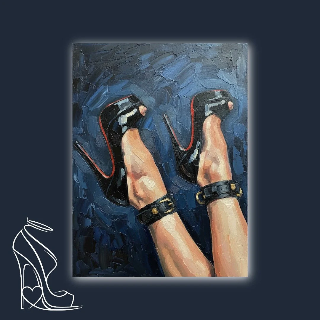 An arresting oil painting by Mark Lee, 'Bound Soles: Crimson & Gold' provocatively captures the allure of glossy patent leather stiletto high heels and sensual leather restraint cuffs.