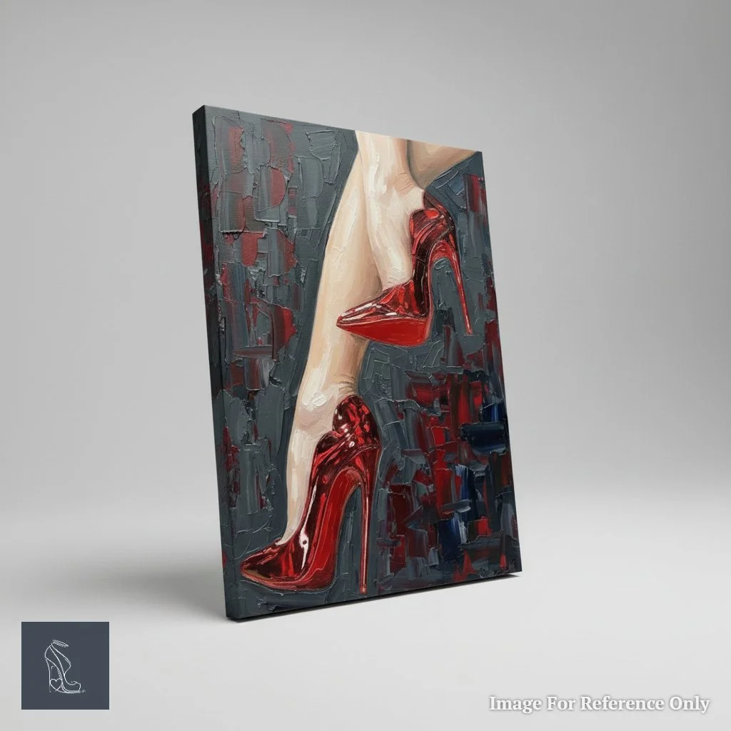 3D rendered view of Mark Lee's 'Crimson Command' original oil painting, highlighting the sculptural impasto texture of the red high heels and the depth of the dark background.
