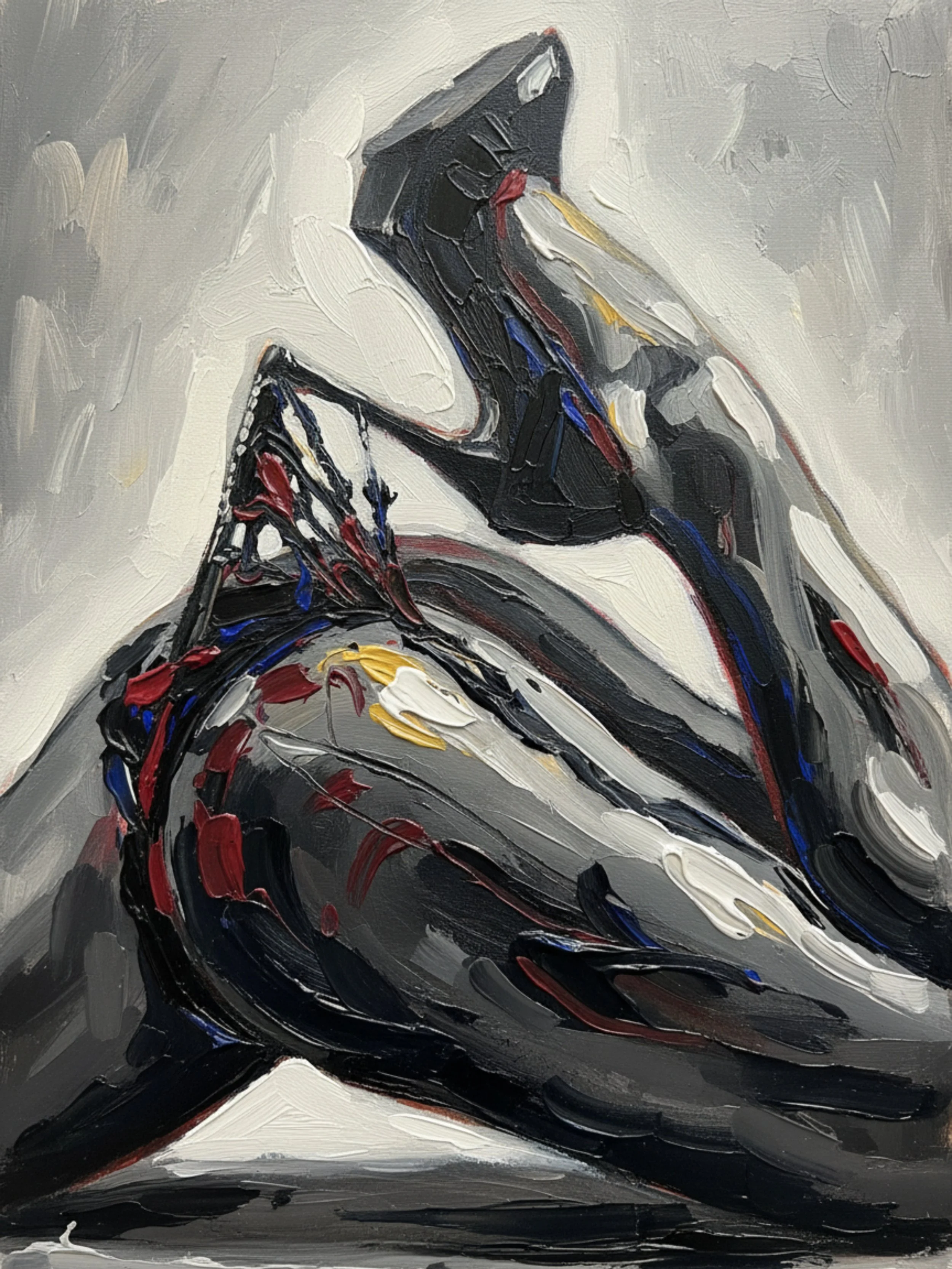 An abstract impasto painting featuring thick, dynamic black and grey brushstrokes that suggest the form of a seated or hunched figure against a light grey background, heavily textured and accented with bright streaks of red, blue, and yellow.