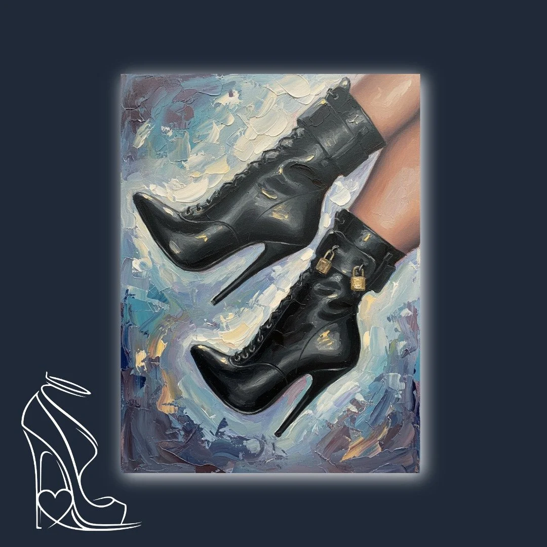 A captivating oil painting depicting glossy black stiletto boots adorned with intricate laces and suggestive padlocks, rendered with striking impasto.