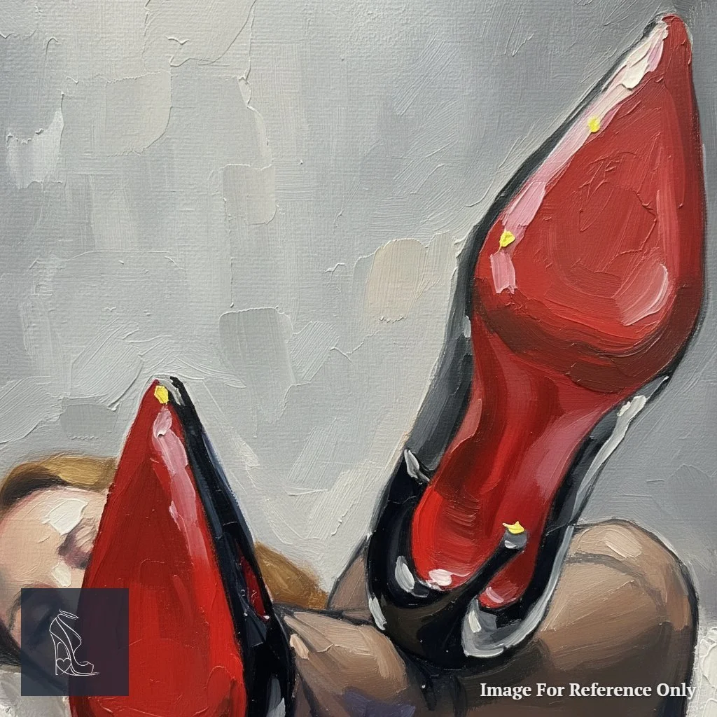 Detailed close-up view of Mark Lee's oil painting 'Crimson Soles, Velvet Dreams', revealing the textured brushstrokes, vibrant red soles, glossy black heels, and subtle hosiery details.