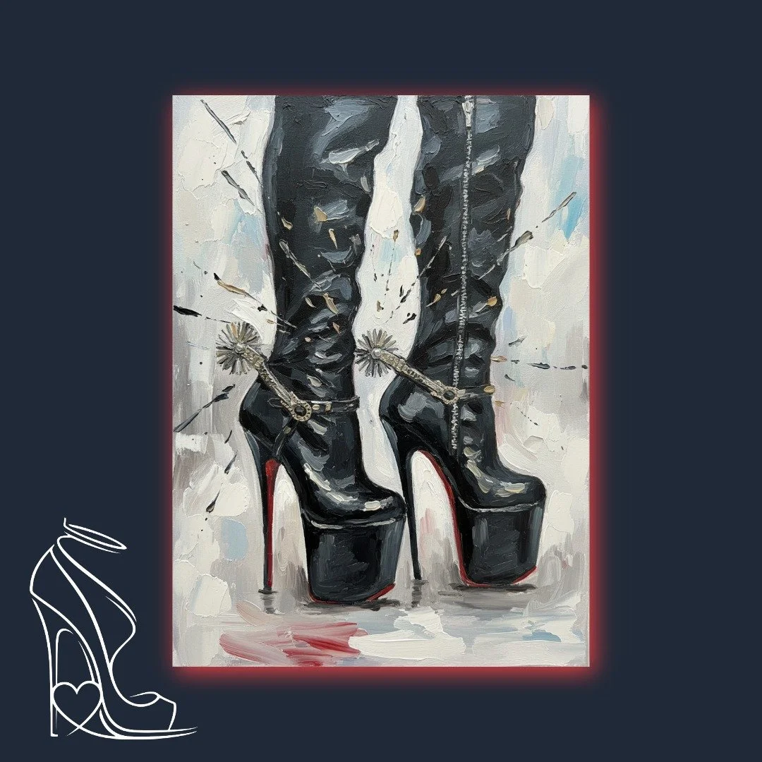 A striking digital impasto painting capturing the commanding presence of black platform stiletto boots adorned with silver spurs, featuring signature red soles.