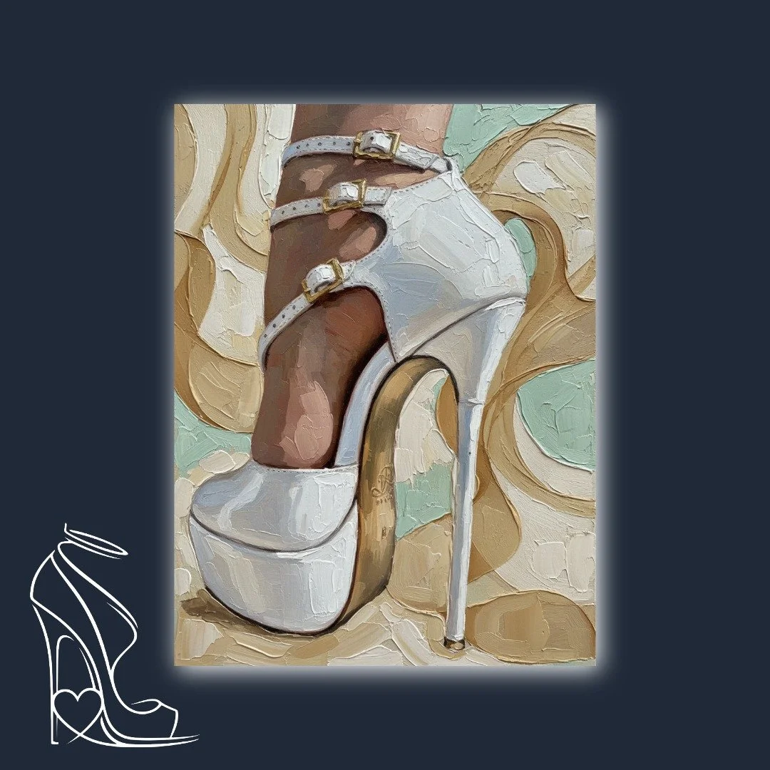 An exquisite oil painting capturing the seductive power of a white, triple-buckled platform stiletto, rendered with luxurious impasto texture and shimmering detail.
