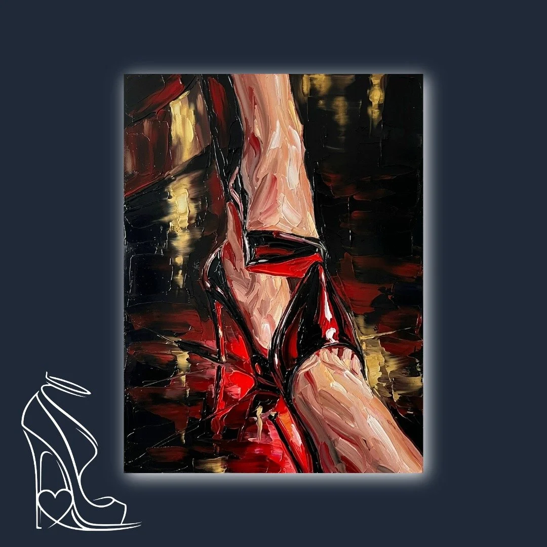 An intensely textured oil painting capturing the exquisite allure of a foot encased in a red-soled stiletto, highlighting the graceful arch and tantalizing toe cleavage.