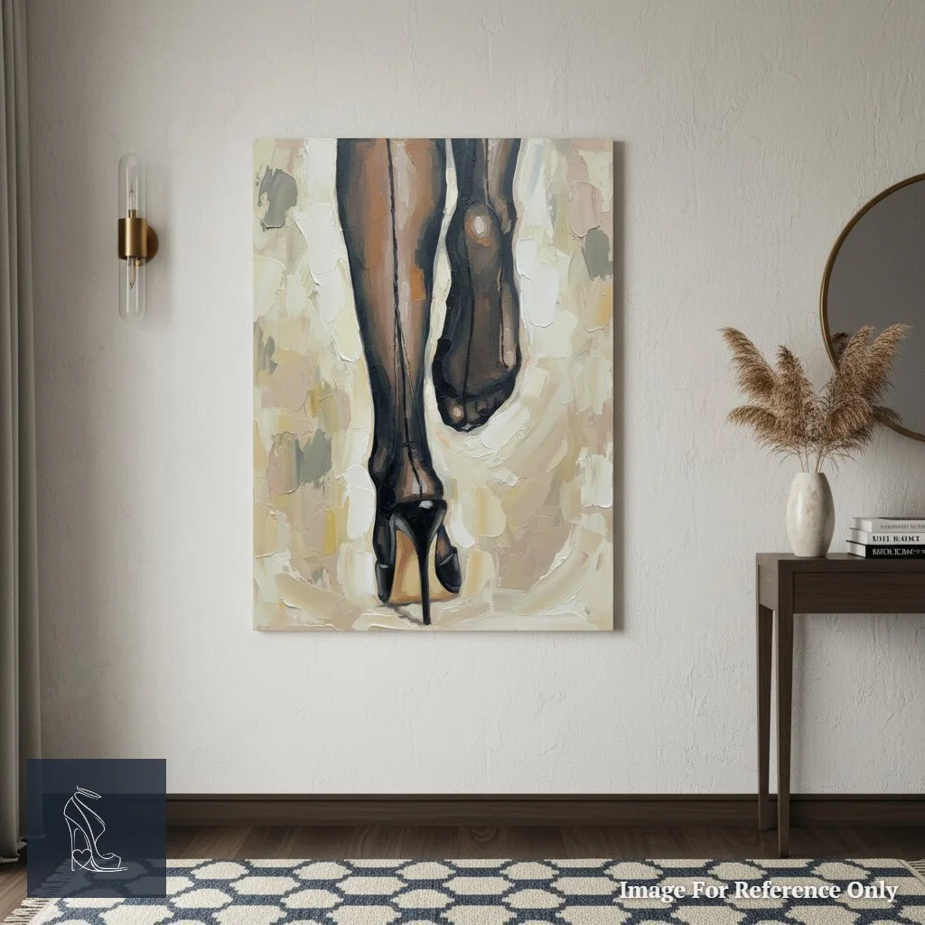 A vertical canvas depicting high heel fetish art illuminating a minimalist gallery-style hallway.