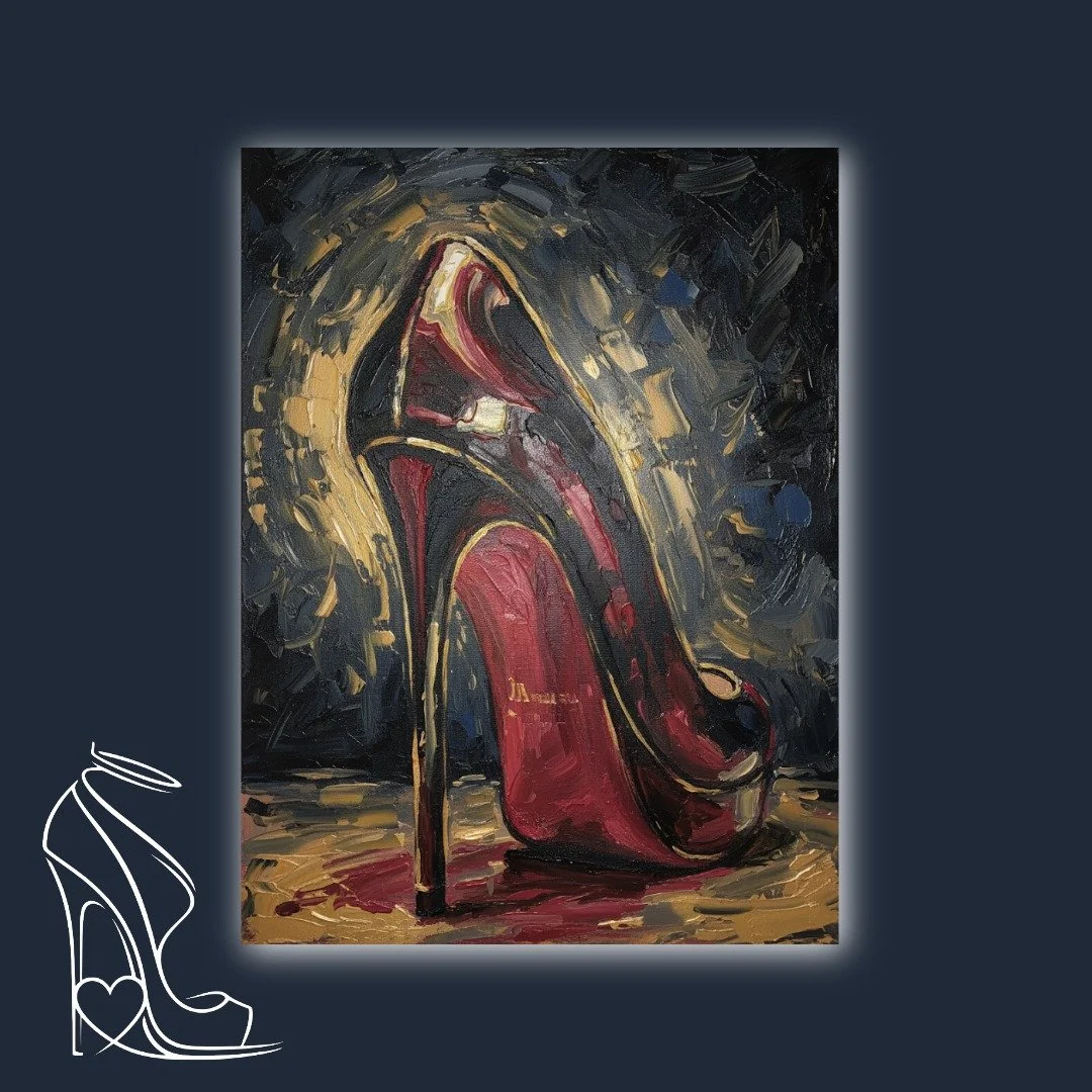 A dramatic oil painting celebrating the fierce elegance and seductive power of a black stiletto high heel, rendered in bold red and gold impasto.